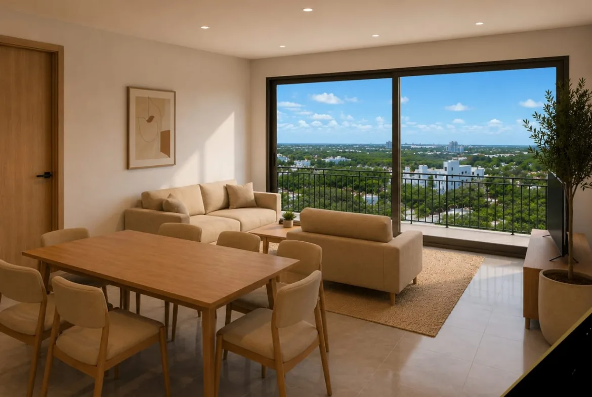 Render de la sala con vista desde el balcón – departamento de 2 recámaras en preventa en Playa del Carmen