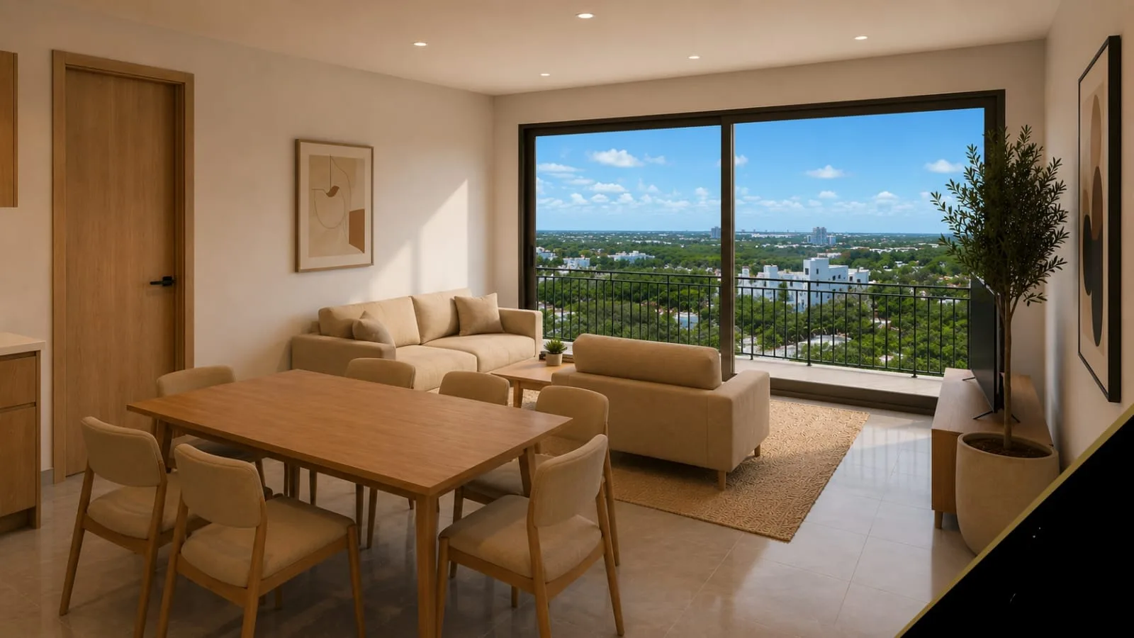 Render de la sala con vista desde el balcón – departamento de 2 recámaras en preventa en Playa del Carmen
