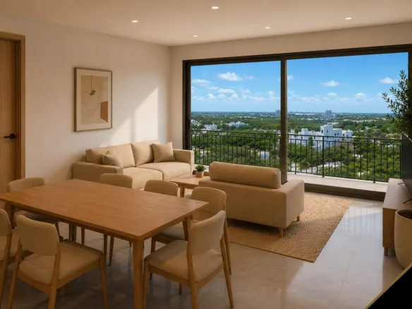 Render de la sala con vista desde el balcón – departamento de 1 recámara en preventa en Playa del Carmen