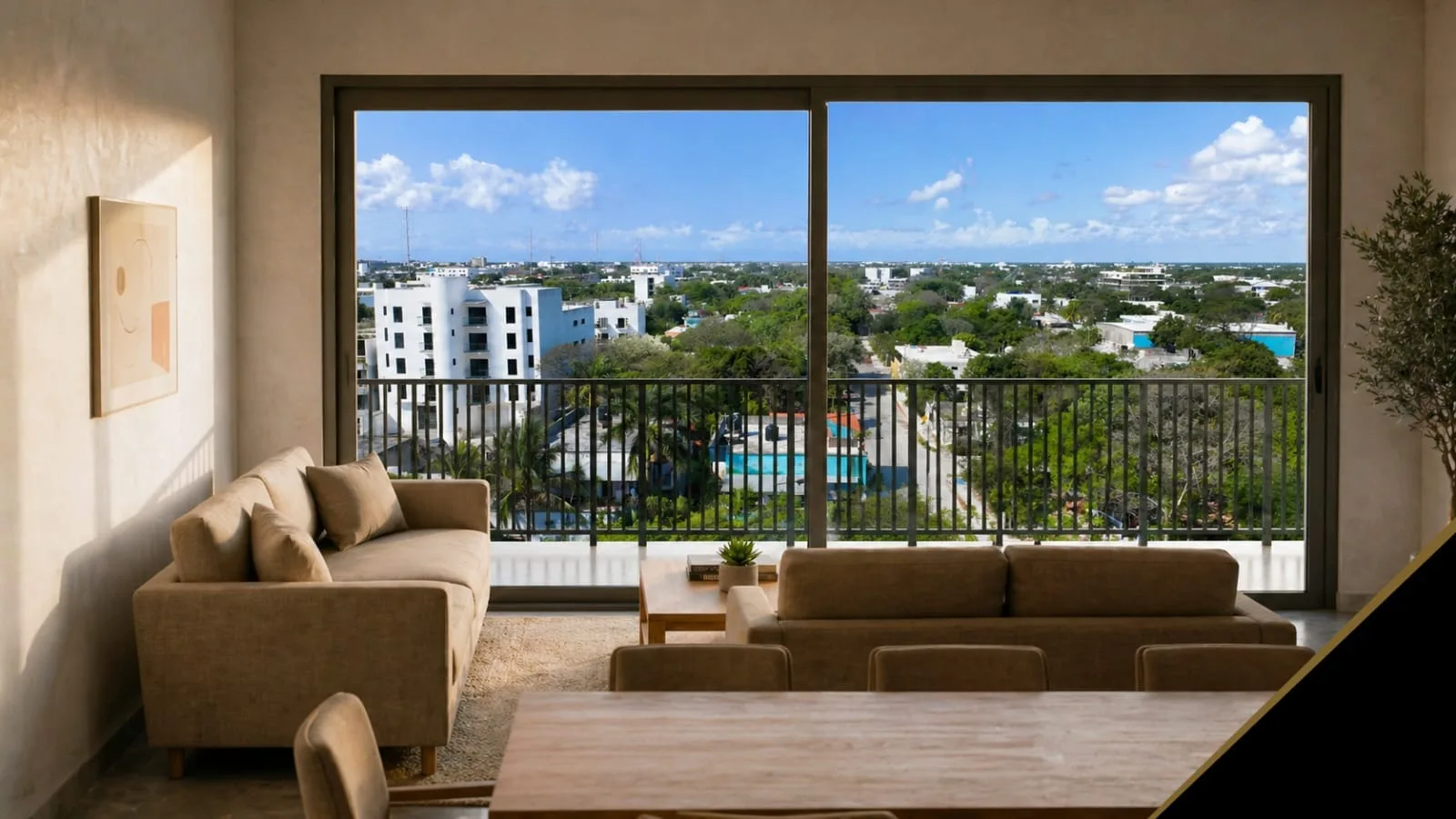 Render de la sala y la terraza – departamento de 2 recámaras en preventa en Playa del Carmen