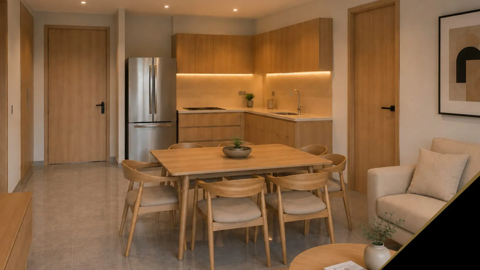 Render de la cocina y el comedor – departamento de 2 recámaras en preventa en Playa del Carmen