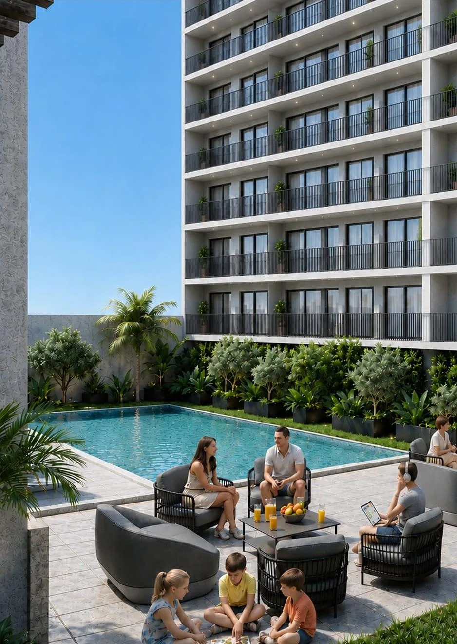 Render del área de alberca – departamento de 2 recámaras en preventa en Playa del Carmen