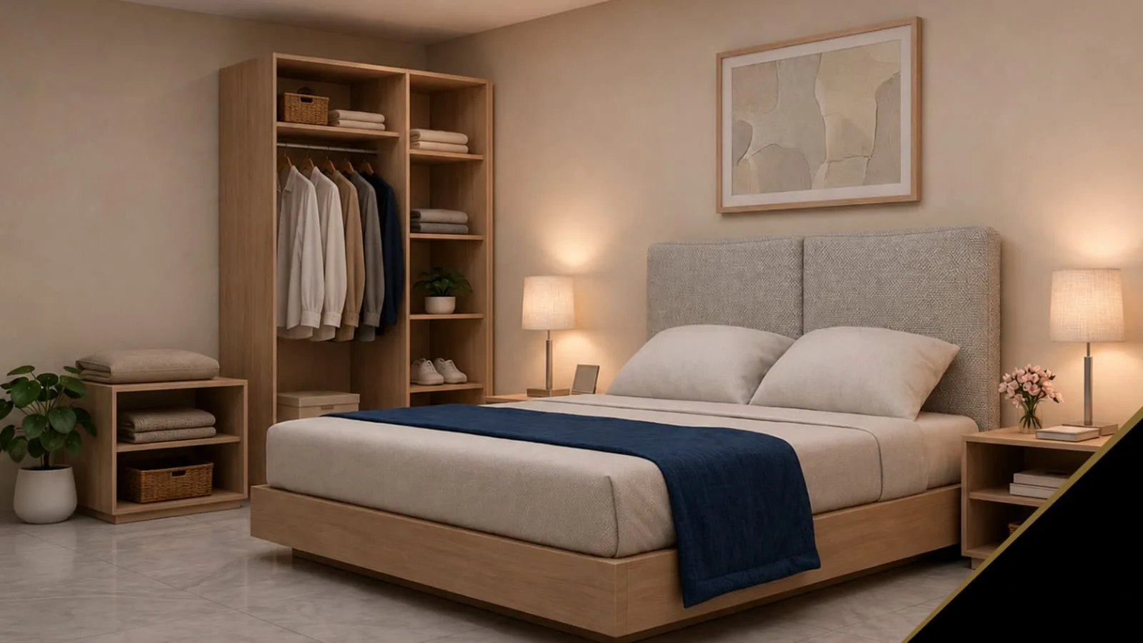 Render de la recámara con clóset abierto – departamento de 2 recámaras en preventa en Playa del Carmen