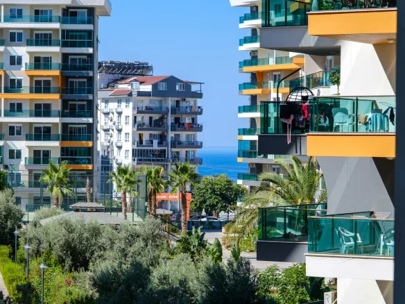 Modern condo buildings with palm trees