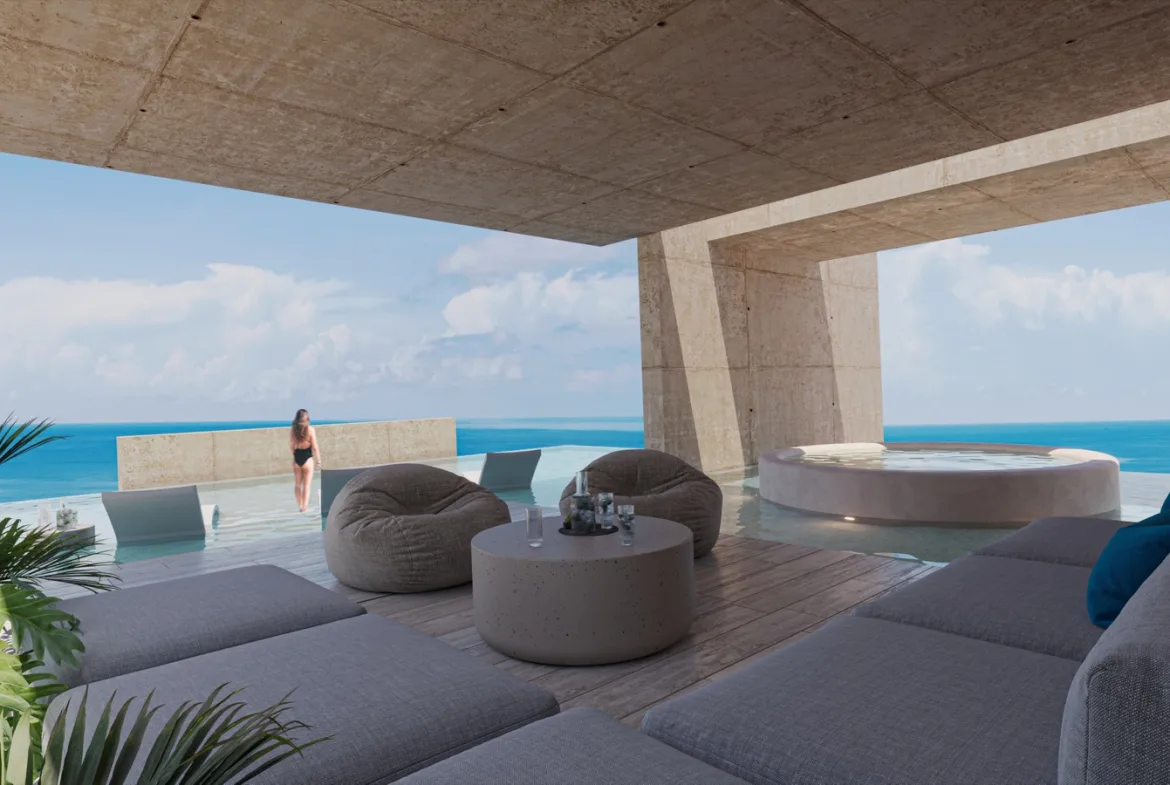 Departamento de 1 recámara frente al mar en venta en Puerto Morelos | Terraza con vista al mar