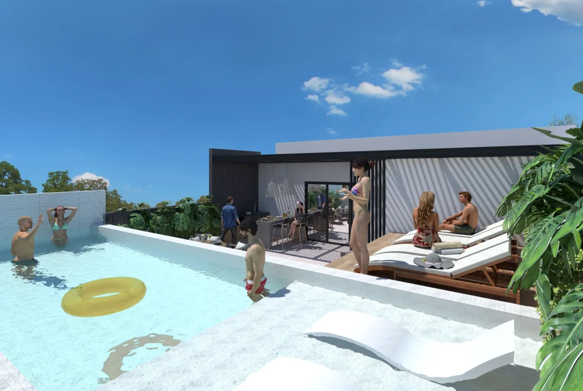 Studio with Balcony for Sale in Playa del Carmen | 750 m from the Beach | Rooftop Pool and Jacuzzi