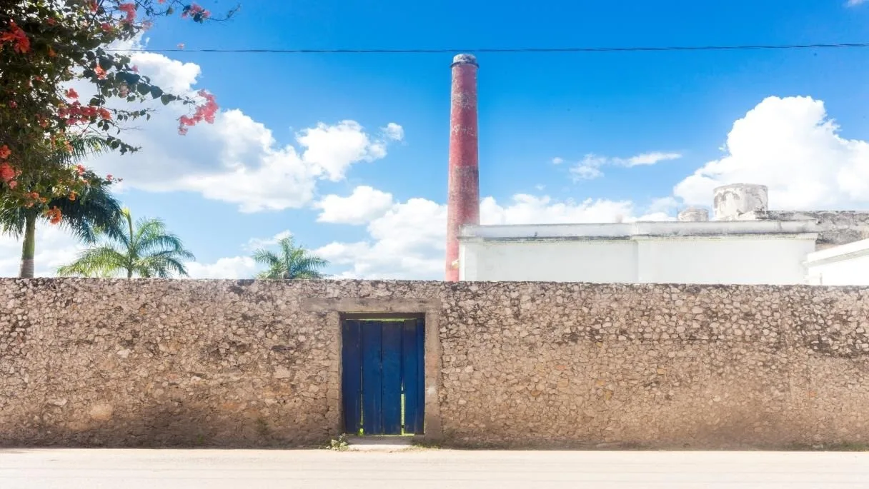 Barda de piedra y chimenea de la hacienda
